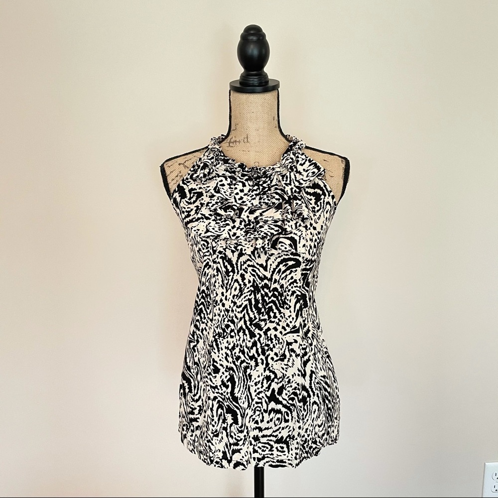 Sleeveless Blouse Ruffle Collar Leopard Print